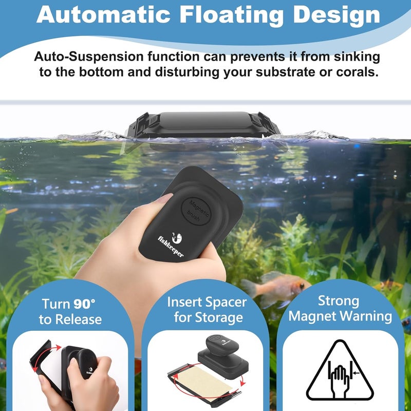 fishkeeper Magnetic Aquarium Glass Cleaner, Dual-Blades Algae Fish Tank Glass Cleaner Brush for 0.2-0.4 Inch Thick Glass Aquariums Tank, Self-Floating Scrubber Brush with 4 Detachable Scraper - Image 3